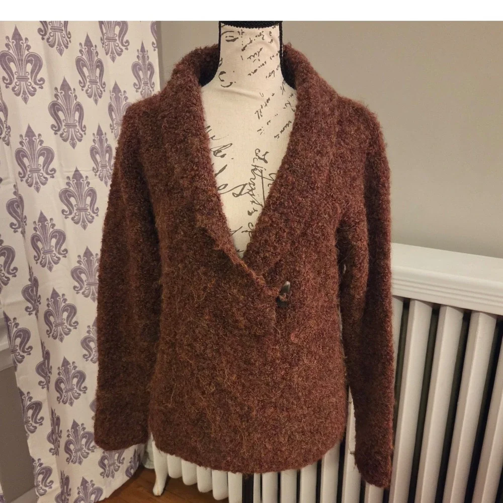 Tabask Handknit Alpaca + Wool Sweater, Cinnamon Brown Bouclé, Made in Peru Sz S - Picture 3 of 11